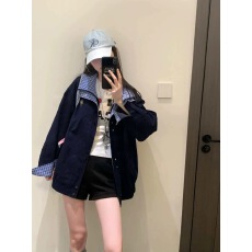 批发撞色拼接假两件外套女春秋2025<b class='q'>新款</b>美式复古宽松<b class='q'>情侣</b><b class='q'>翻领</b>开衫夹克