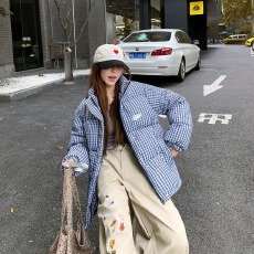 刺绣款蓝色格子羽绒棉衣棉服2025冬季新款宽松面包服加厚外套
