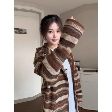 批发美式复古毛呢条纹开衫连帽卫衣外套男<b class='q'>女</b>慵懒风情侣休闲帽衫