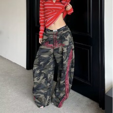 批发水洗做旧美式复古迷彩立体口袋工装裤男<b class='q'>女</b>多口袋宽松阔腿牛仔<b class='q'>长裤</b>