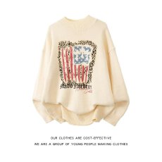 批发美式圆领字母毛衣秋冬情侣款宽松复古慵懒风百搭上衣<b class='q'>男</b>女款套头