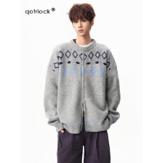 批发帛跃美式复古<b class='q'>男</b>女开衫外套秋冬新款毛衣休闲慵懒风圆领针织衫