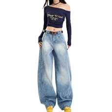 批发个性街头通勤韩版ins阔腿牛仔裤女宽松显瘦<b class='q'>时尚</b>磨白弯刀牛仔裤潮