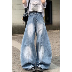 批发嘻哈个性通勤韩版ins阔腿牛仔裤女宽松显瘦<b class='q'>时尚</b>磨白弯刀牛仔裤潮