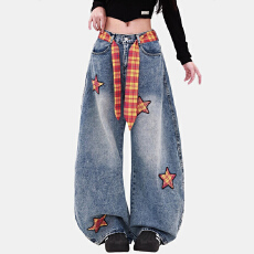 批发街头设计感阔腿牛仔裤女春秋季新款显瘦显高<b class='q'>时尚</b>宽松拖地牛仔裤潮