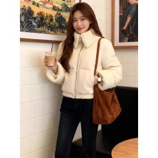 批发秋冬季新款保暖棉服外套女高级感小个子针织拼接翻立领短款棉衣