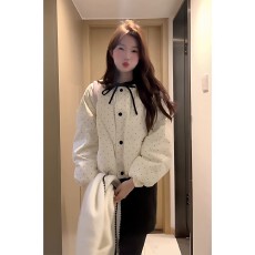 批发韩系甜美减龄蝴蝶结波点棉服女冬季小个子短款宽松面包服外套