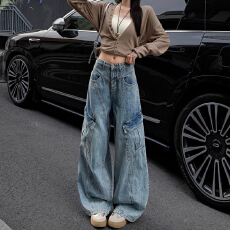 批发嘻哈韩版高腰阔腿牛仔裤女春秋新款宽松<b class='q'>时尚</b>设计感<b class='q'>个性</b>拖地牛仔裤