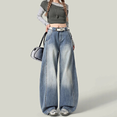 批发街头<b class='q'>个性</b>休闲潮流ins阔腿牛仔裤女宽松显瘦<b class='q'>时尚</b>磨白弯刀牛仔裤潮