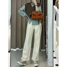 批发米白色直筒牛仔裤女夏季新款<b class='q'>胖</b>妹妹mm高腰宽松显瘦窄版阔腿长裤