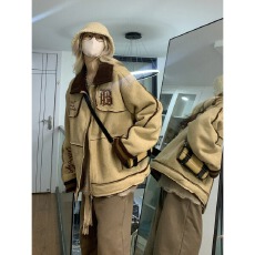 批发美式复古麂皮绒刺绣羊羔毛棉衣女小众宽松皮毛一体加厚棉服<b class='q'>外套</b>潮