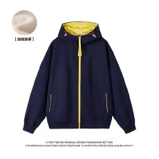 华棉复贝贝绒秋冬八街中性刺绣撞色休闲宽松连帽开衫加绒卫衣