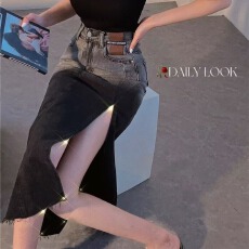 批发黑色不规则开叉<b class='q'>牛仔</b>半身裙女新款夏季薄款高腰a字中长款包臀裙子