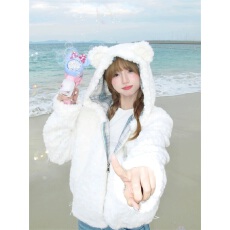 批发韩系奶fufu软糯毛绒绒羊羔毛加厚外套女秋冬季小熊耳朵小个子上衣