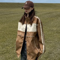 批发做旧PU皮拉双杠机车风国潮外套<b class='q'>男</b>女水洗宽松痞帅撞色立领<b class='q'>夹克</b>