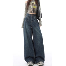 批发<b class='q'>韩版</b>皮设计感牌双扣阔腿牛仔<b class='q'>裤</b>女春秋季显瘦垂感时尚拖地牛仔<b class='q'>裤</b>