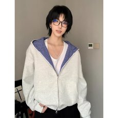 批发原宿流行简约文艺新款潮流<b class='q'>百搭</b>ins高克重双面穿蓝格纹内里卫衣