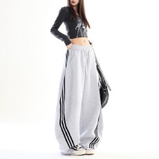 批发美式重磅撞色条纹卫裤<b class='q'>男</b>女秋季宽松垂感情侣休闲裤阔腿拖地长<b class='q'>裤子</b>