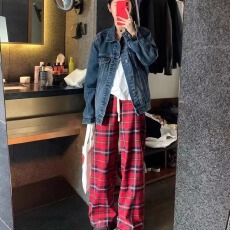 批发2026春秋季新款复古格子阔腿<b class='q'>休闲裤</b><b class='q'>女</b>美式潮牌青少年潮流<b class='q'>长裤</b>子