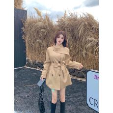 批发英伦风双排扣围脖领收腰中长款风衣<b class='q'>外套女</b><b class='q'>短</b>款小个子早秋季