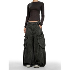 批发春夏新概念2026新款美式复古翻边直筒阔腿拖地裤工<b class='q'>装</b>牛仔裤<b class='q'>女</b>长裤