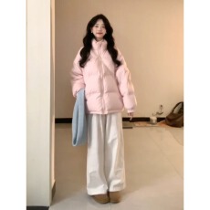 批发温柔风粉色立领保暖棉服外套女冬季新款时尚潮流个性保暖面包服潮