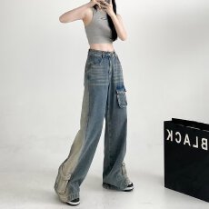 批发高街美式工<b class='q'>装</b>牛仔裤<b class='q'>女</b>春秋季2024新款复古设计感宽松直筒阔腿裤子