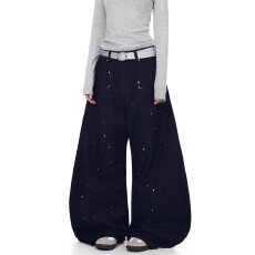 批发美式新风格解构条纹拼接泼墨弯刀牛仔裤男女春<b class='q'>秋</b>设计感宽松阔腿裤