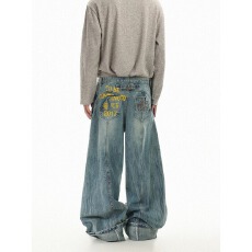 批发美式复古街头风印花阔腿牛仔裤男女宽松长裤高街风潮裤