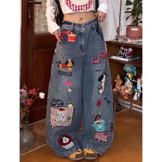 批发大码美式复古趣味刺绣水洗牛仔裤女设计感宽松显瘦连体长裤潮