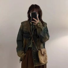 批发港味复古毛边大口袋牛仔外套女秋季新款宽松显瘦气质上衣立领夹克