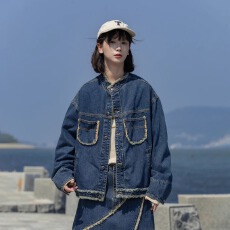 批发美式复古水洗做旧毛边牛仔外套秋季潮牌宽松休闲百搭情侣夹克上衣