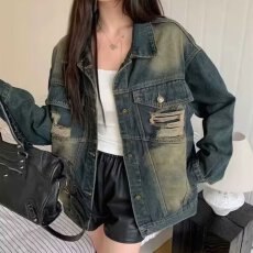 批发美式复古做旧破洞牛仔外套女春<b class='q'>秋</b>新款大码宽松中长款炸街夹克上衣