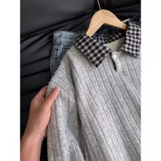 批发2026春秋季美式假两件格子拼翻领休闲<b class='q'>卫衣</b>男女同款POLO领<b class='q'>卫衣</b>潮