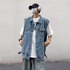 批发美式复古水洗<b class='q'>牛仔</b>马甲<b class='q'>背心</b>潮男女夏季街头五分裤百搭宽松无袖外套
