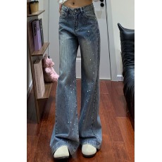 批发通勤<b class='q'>韩版</b>街头高腰牛仔<b class='q'>裤</b>女春秋季新款显瘦显高宽松时尚拖地牛仔<b class='q'>裤</b>