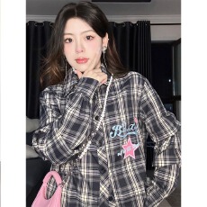 批发大码<b class='q'>胖</b>mm<b class='q'>格子</b>长袖衬衫日系港风ins宽松衬衣女生高级感休闲外套韩