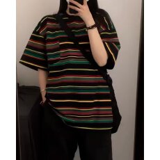 批发夏季新款港味复古oversize短<b class='q'>袖</b>上衣男女五分<b class='q'>袖</b>宽松条纹半<b class='q'>袖</b><b class='q'>T</b><b class='q'>恤</b>潮