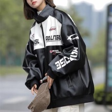 批发新款立领皮衣<b class='q'>外套</b>男女学生字母拼色休闲宽松大码情侣夹克PU