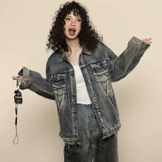 批发2025潮牌牛仔翻领<b class='q'>秋</b>季做旧水洗毛边情侣外套