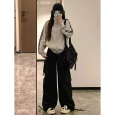 批发美式复古条纹<b class='q'>卫衣</b>外套女秋冬潮牌街头两道杠宽松百搭立领运动<b class='q'>开衫</b>