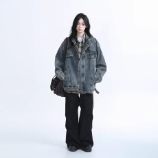 批发美式vibe做旧牛仔外套男女春秋潮牌痞帅休闲夹克宽松<b class='q'>大码</b>工装上衣