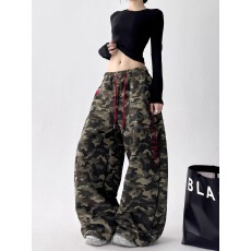 批发美式流行甜酷迷彩工装裤男女秋装新款宽松显瘦百搭别致阔腿裤潮