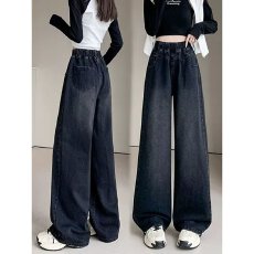 批发2025新款秋冬加绒加厚<b class='q'>松紧腰</b>牛仔阔腿裤女大码胖妹妹遮大腿休闲裤