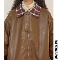 批发新款翻领皮衣<b class='q'>外套</b>男女学生格子拼色休闲宽松大码情侣夹克PU双面穿