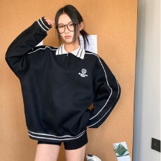 批发学院风刺绣翻领套头<b class='q'>卫衣</b><b class='q'>男</b>女重磅条纹拼接插肩袖加厚POLO衫<b class='q'>外套</b>