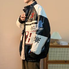 批发2022新款美式嘻哈赛车服机车夹克<b class='q'>情侣</b><b class='q'>时尚</b>宽松大码防风骑行<b class='q'>外套</b>