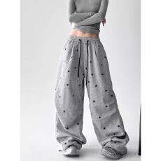 批发星星印花美式复古休闲长裤女秋<b class='q'>冬</b>加绒宽松高腰显瘦直筒运动裤