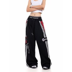 批发拼接条纹休闲运动裤女2026春秋季新款炸街时尚个双裤头印花弯刀裤