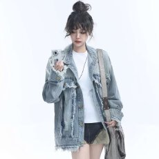 批发秋季破洞牛仔夹克男ins宽松港风潮流工装上衣情侣装百搭<b class='q'>休闲</b><b class='q'>外套</b>